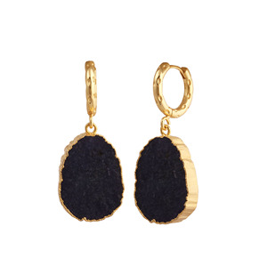 <b>Black</b> Onyx Hoop <b>Earrings</b> Gold Plated Jewelry Raw Stone <b>Dangle</b> <b>Earrings</b> Gift for Her V - Product Image 3
