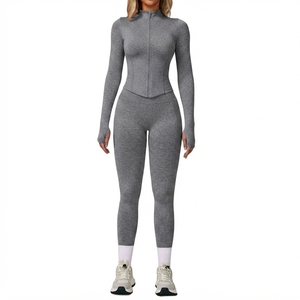 Conjunto Deportivo de 2 Piezas para Mujer, Top Ajustado de Manga Larga con Cierre y Leggings de Cintura Alta para Gimnasio y Entrenamiento - Product Image 6