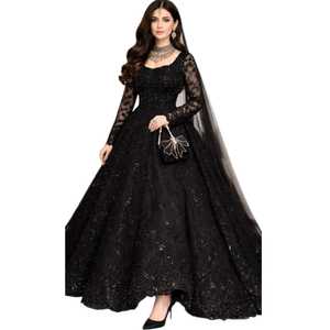 Elegant <b>Black</b> Sequin Anarkali <b>Dress</b> Floor-Length Long Sleeve Indian <b>Pakistani</b> Wedding Wear Women's Traditional Formal Gown - Product Image 1