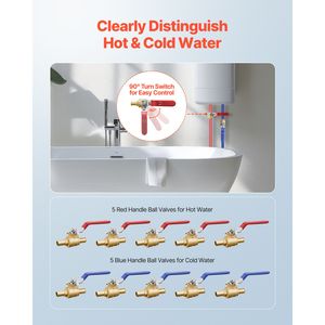 10 Piece PEX Full Port Brass Ball Valve Set 1/2\" Quarter Turn with <b>Red</b> <b>Hot</b> & Blue Cold Indicators Sealed with PTFE - Product Image 3