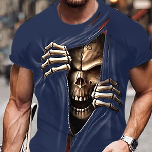 T-shirt à manches courtes col rond unisexe pour homme, tricoté, style décontracté chic, imprimé graphique tête de mort Halloween, sans avis pour le moment - Product Image 3