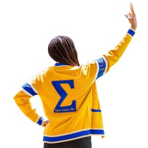 Cárdigan Amarillo y Azul Sigma Gamma Rho 1922 para Mujer, Suéter con Botones, Estilo Casual Premium de la Hermandad Griega - Product Image 2