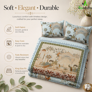 Peacock Garden Palace Print Cotton <b>King</b> Size Bedsheet Set | 3 Piece Pastel Blue <b>Bedspread</b> with Pillow Covers Bedding Collection - Product Image 5