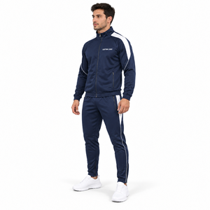 Ensemble de survêtement bleu marine pour homme avec fermeture éclair intégrale, bande blanche, logo personnalisé, style sportif, en polyester, pour l'automne - Product Image 3