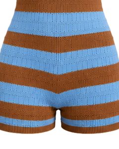 Mono de punto a rayas azul cielo y marrón para mujer, manga corta, cuello polo, informal de verano, de una pieza, ajustado, diseño personalizado - Product Image 6