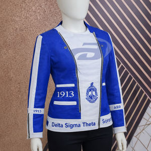 Delta |   Sigma |   Chaqueta de Sarga de Algodón Nalia de la Hermandad Theta para Mujer, Ropa Exterior Blanca y Azul Rey, Chaqueta de la Hermandad DST - Product Image 5