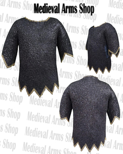 Medieval Chainmail Shirt Mild Steel with Brass 9mm Flat Riveted <b>Ring</b> Half Sleeve Zig Zag Design Handmade Costume Black Finish - Product Image 6