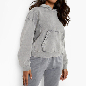 Sudadera con capucha de punto sólido de manga larga con hombros caídos y lavado ácido para mujer, servicio OEM, estilo streetwear - Product Image 5