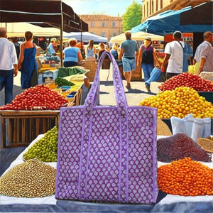 Bolso tote grande, estilo bohemio artesanal, color lila, hecho a mano, de algodón, ligero, con cierre abierto, ideal para ir de compras. - Product Image 4