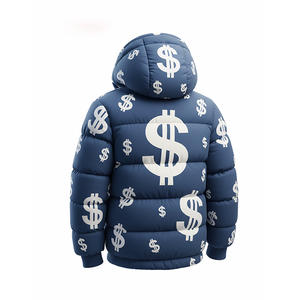 Blouson matelassé bleu à imprimé dollar pour homme, à capuche, streetwear d'hiver, coupe musculation, fermeture éclair, 300 grammes, imperméable, service OEM - Product Image 6