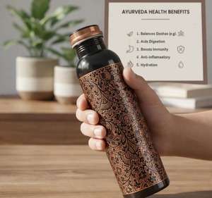 ขวดน้ำทองแดงโบราณแกะสลักลายอียุรเวท งานฝีมือทองแดงแท้ ดีไซน์คลาสสิก เป็นมิตรกับสิ่งแวดล้อม ยี่ห้อ Uttar - Product Image 5