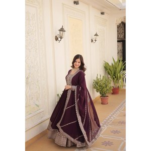 Rich <b>Sequins</b> Embroidered Ball Gown <b>Party</b> Wear with Empire Waistline Made of Organza Fabric - Product Image 2