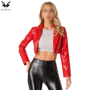 2026 Women Glossy PU Leather Crop <b>Jacket</b> <b>Short</b> Slim Fit Shiny Red Solid Color Crop Top <b>Jacket</b> Streetwear Fashion Outfit - Product Image 4