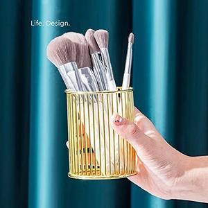Contemporary Hollow <b>Grid</b> Gold <b>Metal</b> Pen Cup Modern Architectural Desktop Stationery Container - Product Image 2