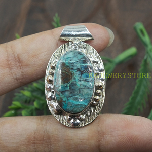 Colgante de Piedra Crisocola, Plata de Ley 925, Latón, Hecho a Mano, Ovalado, Piedra Natural, Joyería de Moda para Mujer, Estilo Boho Vintage - Product Image 6
