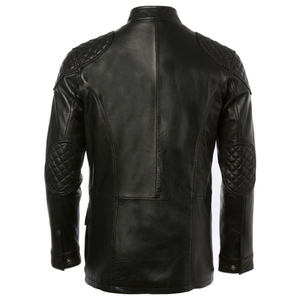 <b>Men's</b> Genuine <b>Leather</b> Moto <b>Jacket</b> Stand Collar Zipper Closure Solid Color Regular Fit Autumn Outerwear - Product Image 3