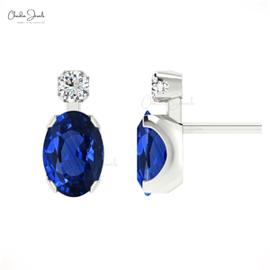 Pendientes de tuerca de zafiro azul ovalado natural con detalles de diamantes en oro amarillo macizo de 14k, piedra de nacimiento de septiembre, con cierre a presión - Product Image 3