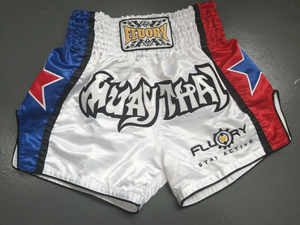 Pantalones cortos de muay thai Fluory Boxing, azules y rojos con estrellas, personalizados. - Product Image 2