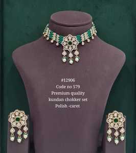 12906Green Kundan <b>Choker</b> Necklace Set With Earrings Premium Ethnic Pearl Moti Caret Tone Jewelry <b>For</b> <b>Women</b> Wedding Party Wear - Product Image 1