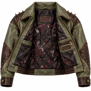 Olive Green Genuine Leather Jacket <b>Womens</b> Gothic Broken Mask Girl Graphic Stud Collar Spiked Bomber <b>Coat</b> Custom Manufacturer - Product Image 5