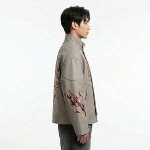 Genuine Leather <b>Jacket</b> <b>Chinese</b> Style Embroidered Flame Pattern Stand Collar Zipper Closure Autumn Wear Regular Fit - Product Image 3