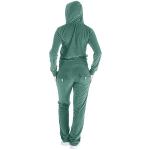 Women Green <b>Velour</b> Eco-friendly Lightweight <b>Tracksuit</b> Full Zip Hooded Casual Sweatshirt Pants Set Solid Color Side Pockets - Product Image 2