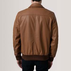 Blouson Bomber Homme en Cuir Véritable Col Montant Fermeture Éclair Décontracté Automne Coupe Slim Couleur Unie Coupe-Vent - Product Image 3