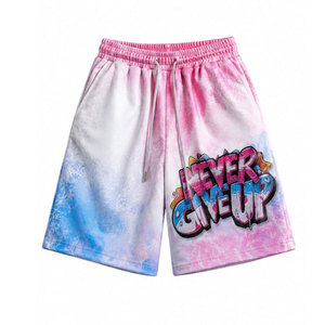 กางเกงขาสั้นผู้ชายลายมัดย้อมพร้อมลายพิมพ์ Never Give Up เอวแบบมีเชือกผูก ระบายอากาศได้ดี สวมใส่สบาย - Product Image 2