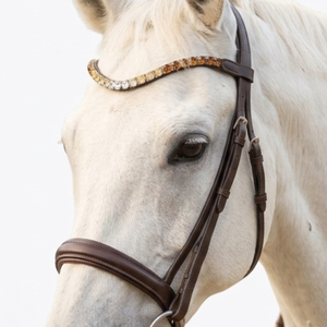 Diadema de Cuero Marrón para Caballo con Diseño de Ondas de Diamantes de Imitación en Degradado Dorado, Brida de Doma HMGLOBAL Cosida a Mano y Personalizable - Product Image 1