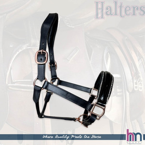 Luxury <b>Black</b> Leather Horse Halter Crystal Rhinestone Patent Noseband & <b>Rose</b> Gold Fitting Wholesale English Tack Manufacturer - Product Image 2