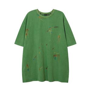 T-shirt vert surdimensionné à manches courtes avec motif peint à la main, col rond, décontracté, en coton tricoté pour homme - Product Image 2