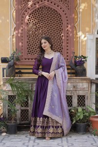 Georgette Zari Gown <b>Flared</b> Maxi <b>Sequin</b> Gold Crush Lace Dupatta Heart Neck Stitched Women Two Piece Festive Salwar Suit Set - Product Image 2