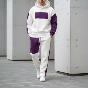 Conjunto Deportivo Casual Transpirable para Hombre, Diseño 2 en 1 con Bloques de Color, Sudadera con Capucha, Pantalón Largo, Blanco y Morado - Product Image 5