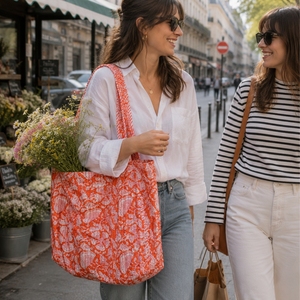 Sac fourre-tout en coton matelassé à imprimé floral orange, style bohème, ouvert en haut, écologique, fait main, pour l'été, la plage, le shopping et les voyages - Product Image 3