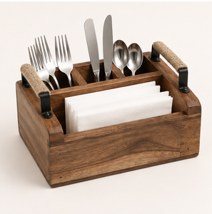 Porte-couverts artisanal en bois de manguier de qualité supérieure avec poignées métalliques enveloppées de corde, style rustique, 3 compartiments, pour couverts et ustensiles - Product Image 4