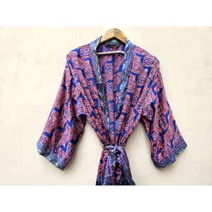 Kimono largo de seda vintage hecho a mano en India, ecológico, con cuentas, diseño único en morado y dorado, para mujer, transpirable, para verano. - Product Image 4