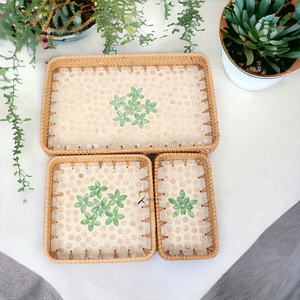 Bandeja rectangular de ratán y madera hecha a mano con incrustaciones florales de nácar, bandeja decorativa para servir comida para el hogar y regalos. - Product Image 4