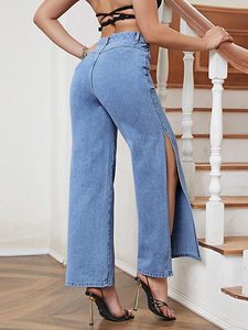 Jeans y Pantalones de Mezclilla Azul Oscuro, Corte Ajustado, Cintura Alta, con Abertura en el Muslo, para Mujeres y Niñas - Product Image 3