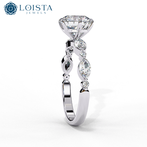 Lab Grown Round <b>Solitaire</b> Diamond Engagement <b>Ring</b> with Marquise Side Stones in 925 <b>Silver</b> Custom Jewelry Manufacturer - Product Image 3