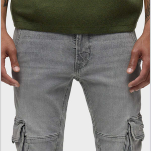 High Demand Men Slim Fit Denim <b>Cargo</b> Pants Grey Stone Washed <b>Stretch</b> Jeans Skinny <b>Cargo</b> Trousers Flap Side Pockets Streetwear - Product Image 6