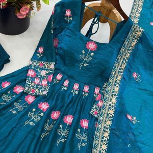 Premium Silk Flair Gown with Pant and Sequins Embroidered Dupatta Fully Stitched <b>three</b> Piece Suit - Product Image 3