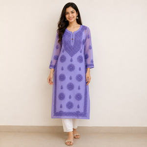 Trending Lavender Purple Embroidered Kurti for Women – Elegant Floral Ethnic Wear with Long Sleeves and Detailed Neckline Design - Product Image 1