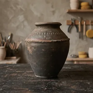Vase en terre cuite vintage, pot en argile ancien fabriqué à la main, poterie rustique en terre cuite brûlée, poterie décorative - Product Image 5