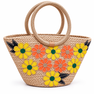 Sac fourre-tout personnalisable en jute tressé avec poignées annulaires et appliques lettres, écologique, pour la plage d'été, vente en gros - Product Image 1
