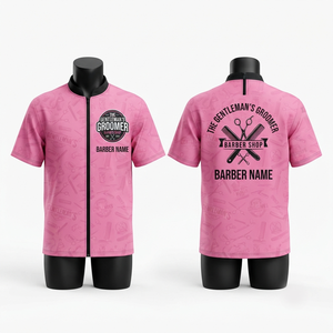 Chaqueta de Barbero Premium de Poliéster de 180 GSM, Color Rosa, Manga Corta, Cierre Completo, Logotipo Personalizado, Ropa de Salón - Product Image 1