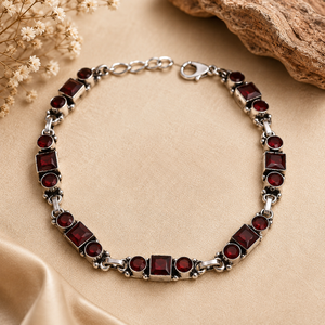 Wholesale Ethnic Antique Silver Plated Brass <b>Beaded</b> <b>Bracelet</b> Red Cubic Zirconia Stones Bezel Setting Fancy Premium Anniversary - Product Image 1