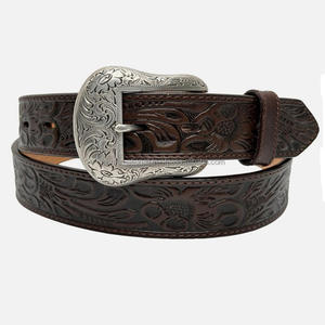 <b>Western</b> Men Women 40mm Brown Floral Embossed Anti nickel Buckle <b>Western</b> Leather Tooling <b>Belt</b> Made in India wholesale manufacture - Product Image 4
