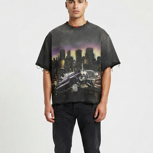 Custom Distressed Trendy Cotton Printed T Shirt Vintage Style <b>Short</b> <b>Sleeves</b> Acid Washed Graphic Printed T Shirt For Unisex - Product Image 5