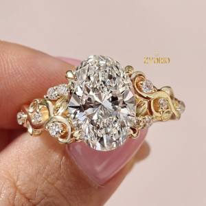 Stunning Trendy Oval Cut <b>Engagement</b> <b>Ring</b> <b>Nature</b> <b>Inspired</b> Design Lab Grown 14K White Gold Women's Wedding Anniversary Bridal - Product Image 2