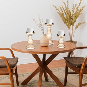 Juego de 3 candelabros de madera rústica con tapa de placa de metal negro Candelabros de pilar de madera de estilo Vintage para decoración del hogar - Product Image 1